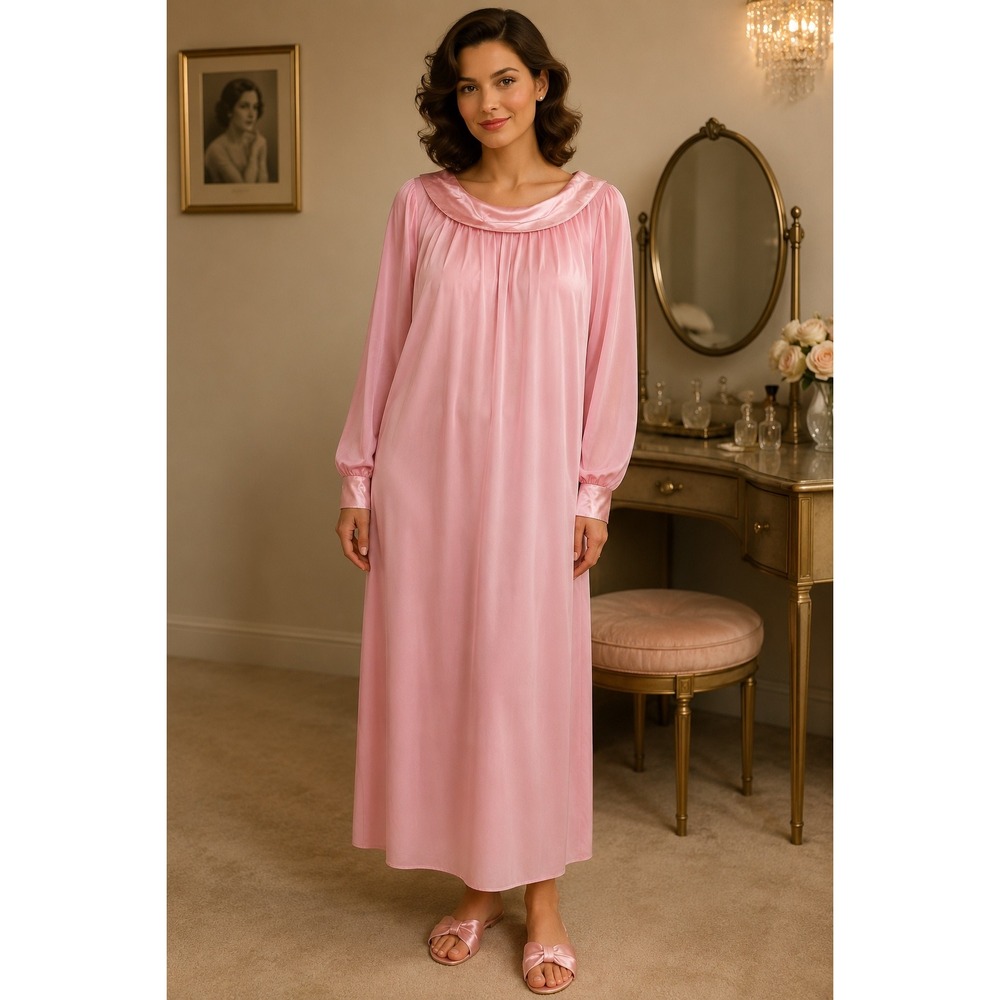 Vintage Movie Star Pink Nylon Tricot Nightgown Long Sleeve Coquette Medium 53in